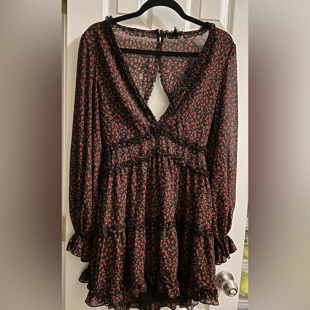 Black dress with tiny black roses
